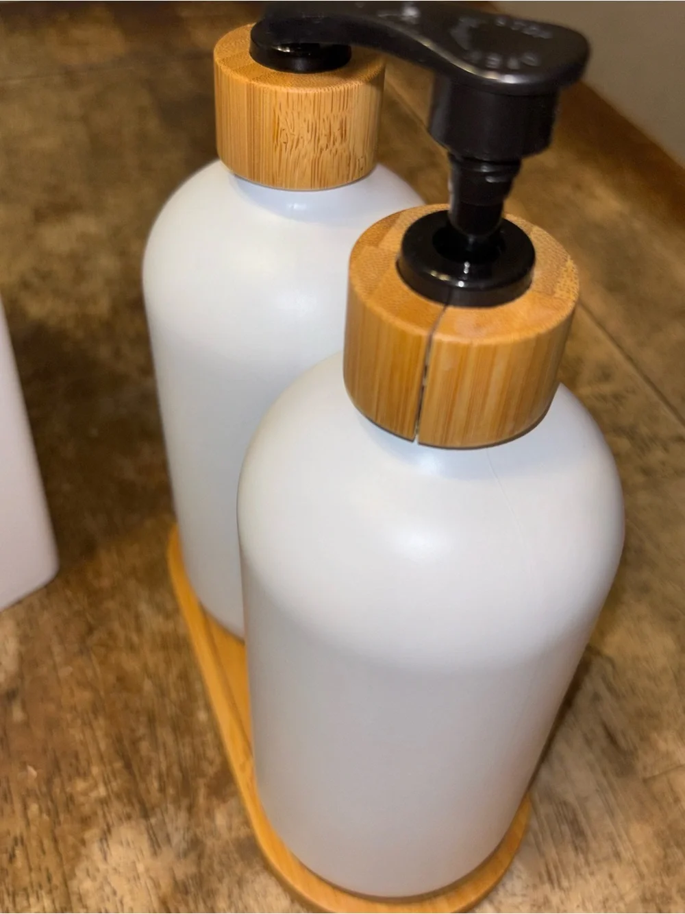 Modern Bamboo Bathroom Set Soap Lotion Dispensers Tissue Box White 3 Pc